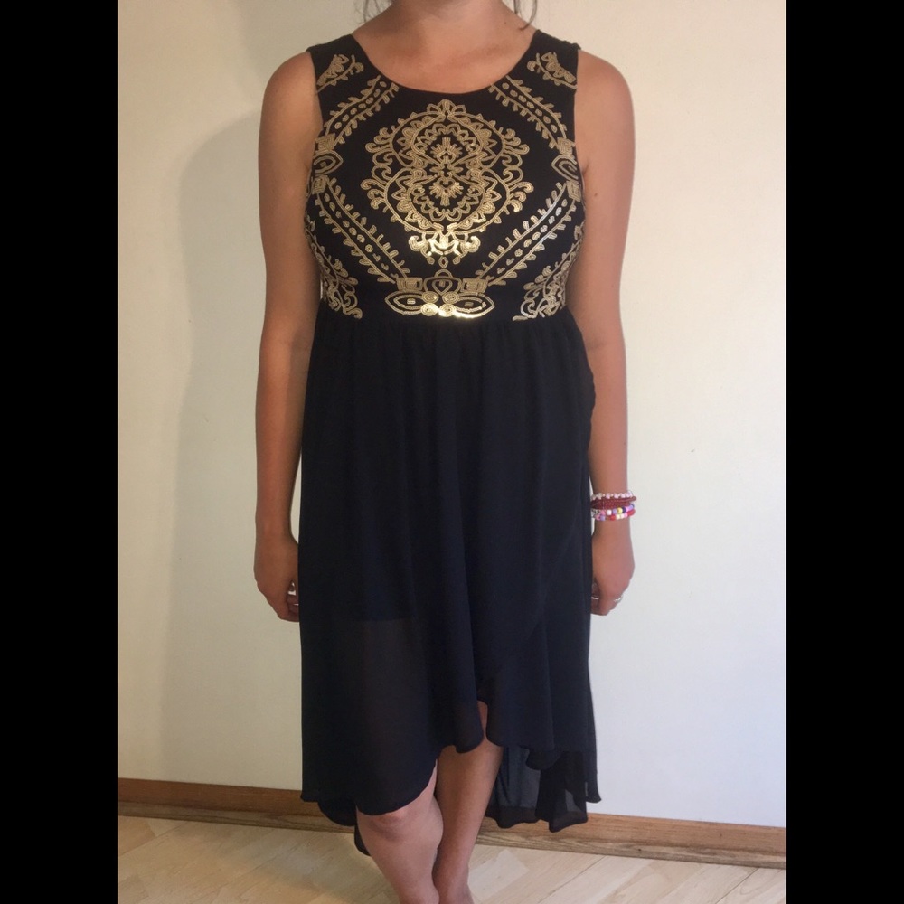 black high low dress with gold sequin design